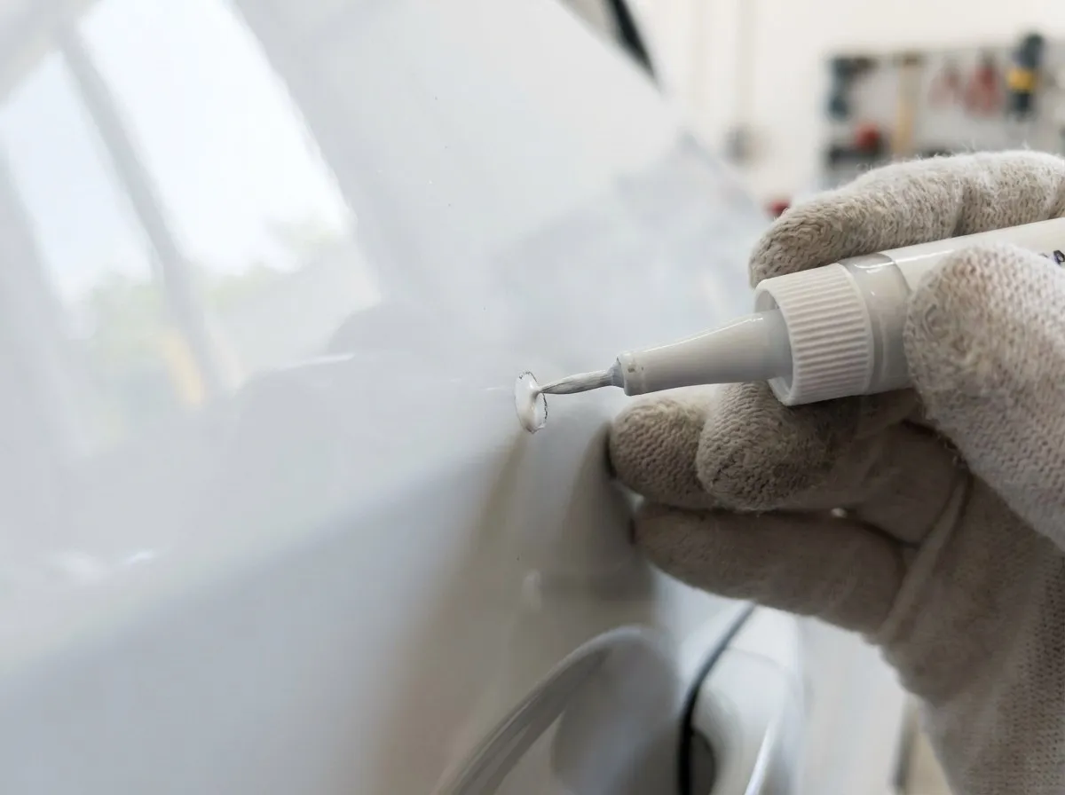 Hand bessert mit einem Lackstift einen kleinen Lackschaden an einer weißen Tür aus