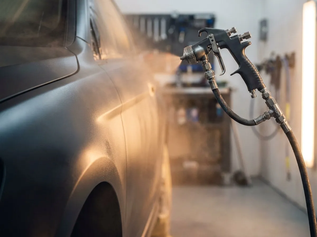 Sprühpistole trägt gleichmäßig neuen Lack auf eine Fahrzeugseite auf