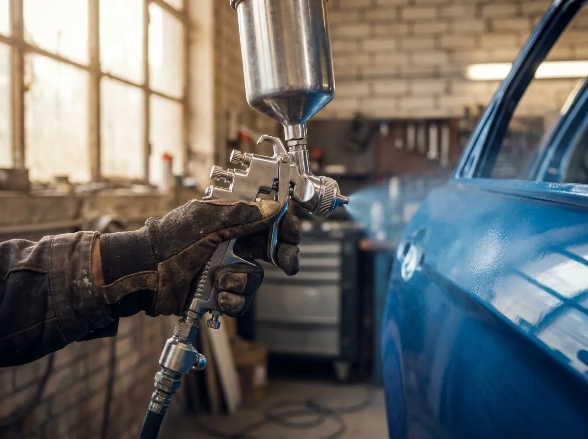 Lackierpistole trägt frischen blauen Lack auf eine Fahrzeugtür auf