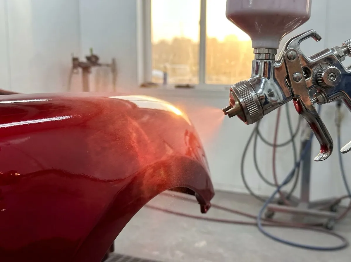 Lackierpistole besprüht ein rotes Karosserieteil mit frischem Lack